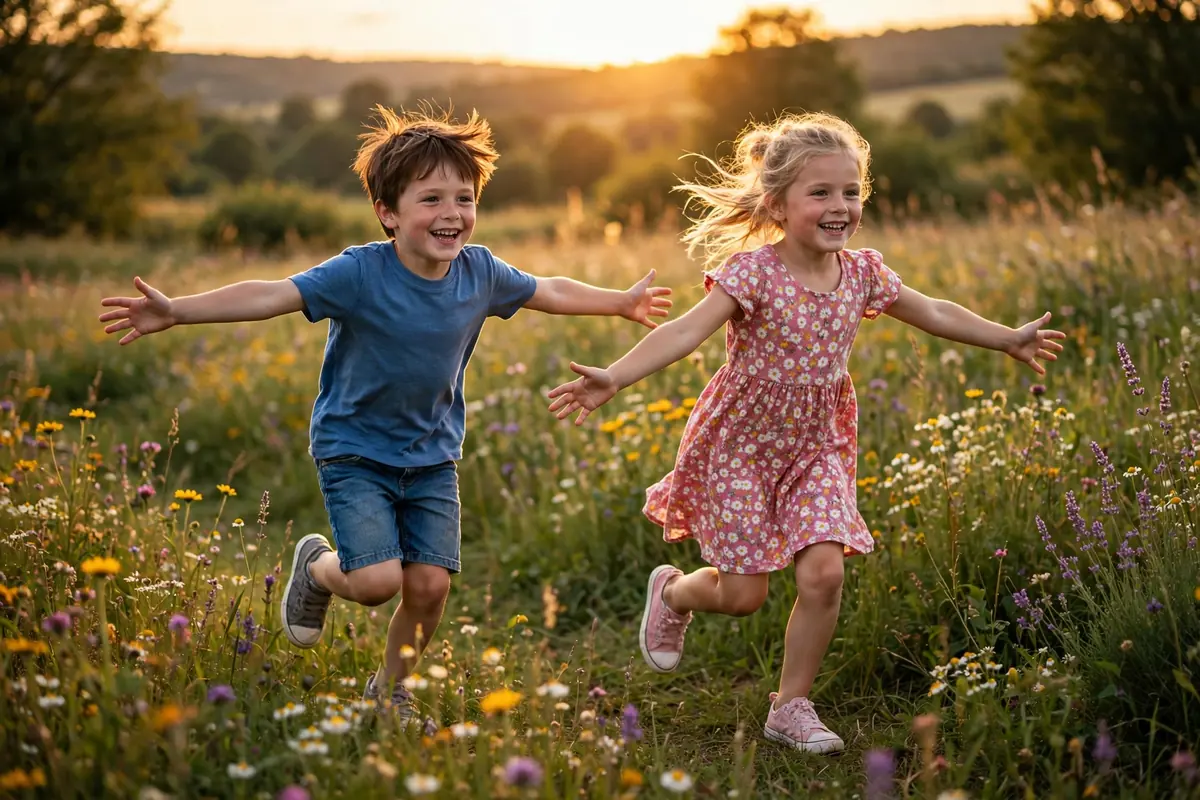 Two young children running joyfully through a sunny wildflower meadow